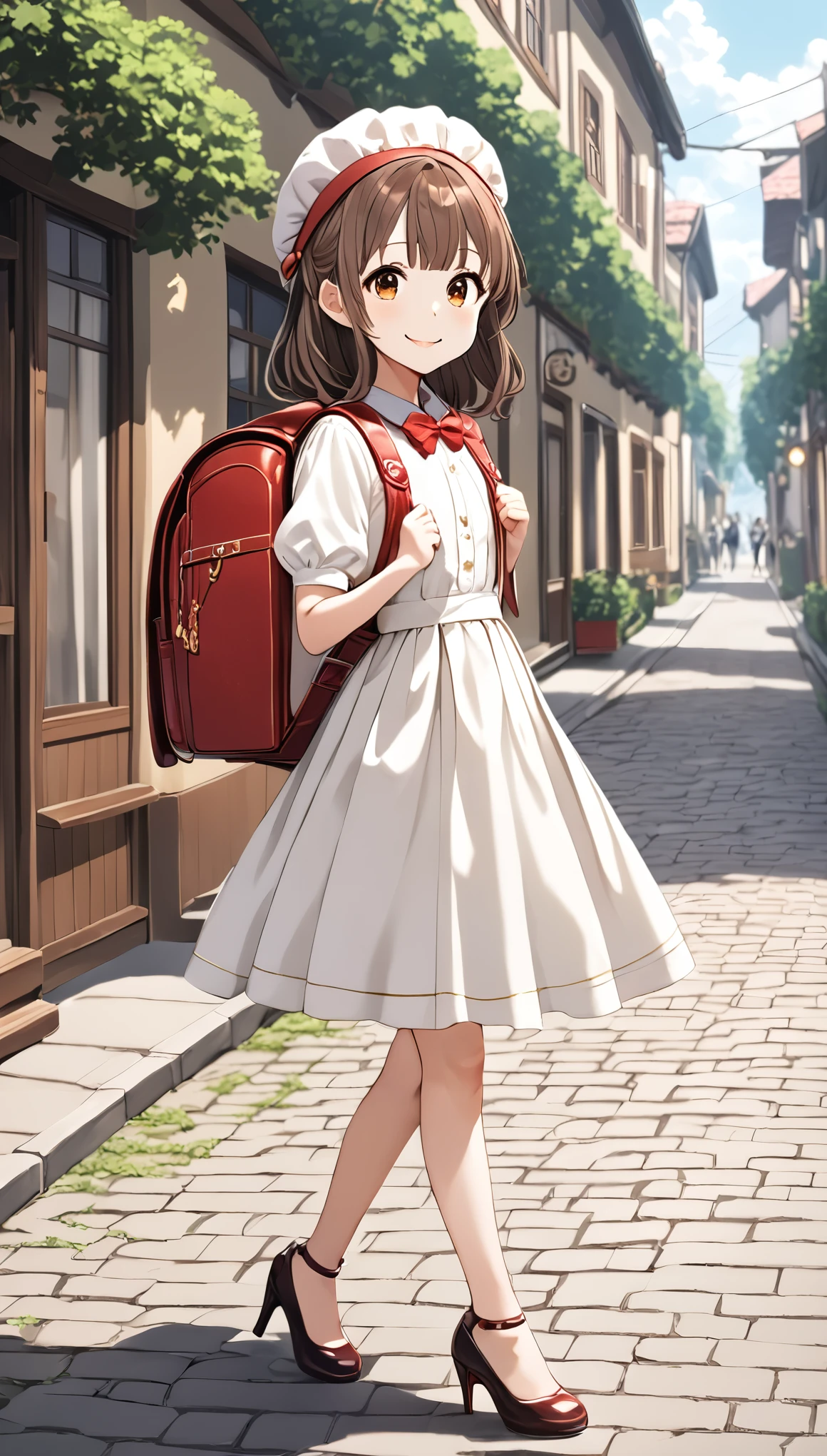 Masterpiece, hd, anime girl in party dress and hat with backpack walking down a street, Party dress,bowtie, brown hair, headcap , wearing randoseru backpack, (randoseru backpack:1.2), in dress, cute anime waifu in a nice dress, anime visual of a cute girl, young anime girl, beautiful anime school girl, aschool girl , anime full body illustration, an anime girl, wearing high heels, (high heels:1.2), cute girl, 10 y o