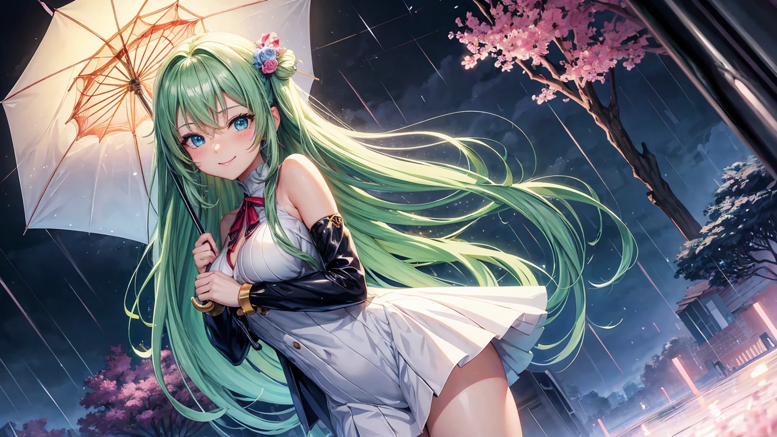 anime girl with umbrella in the rain, anime art wallpaper 4k, anime art wallpaper 4 k, anime style 4 k, anime wallpaper 4 k, anime wallpaper 4k, 4 k manga wallpaper, anime art wallpaper 8 k, 4k anime wallpaper, anime wallaper, beautiful anime high school girl, beautiful anime art style, hd anime wallaper, beautiful anime, long green hair, blue eyes, big breast, large breast, shy smile, bright color