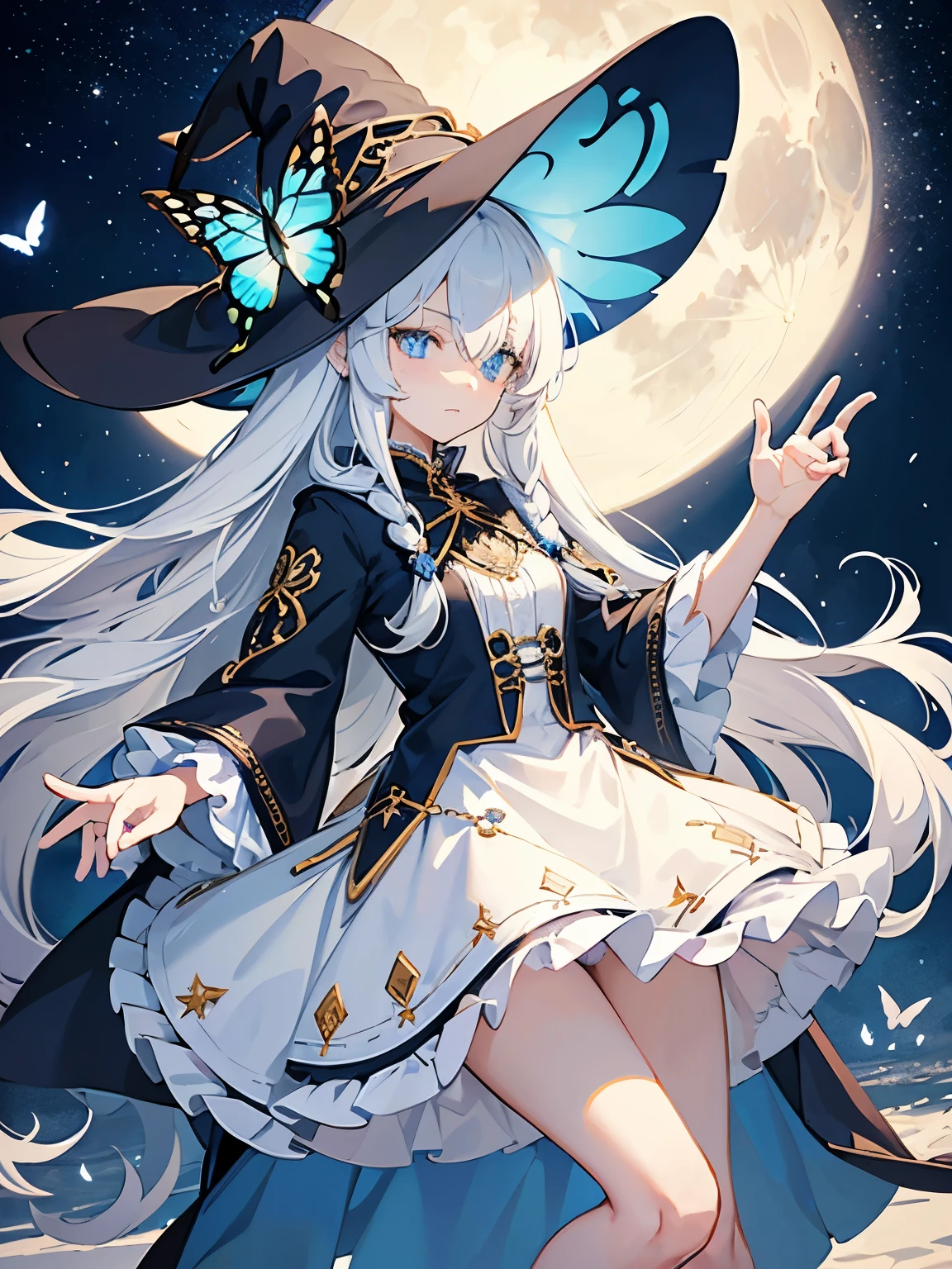 (solo:1.2), long white hair, blue eyes, ((bangs covering one eye)), white frilly dress, witch hat, butterfly garments, exposed legs, ((serious expression)), moonlit background, sapphire amulet, (best quality), (ultra detailed)