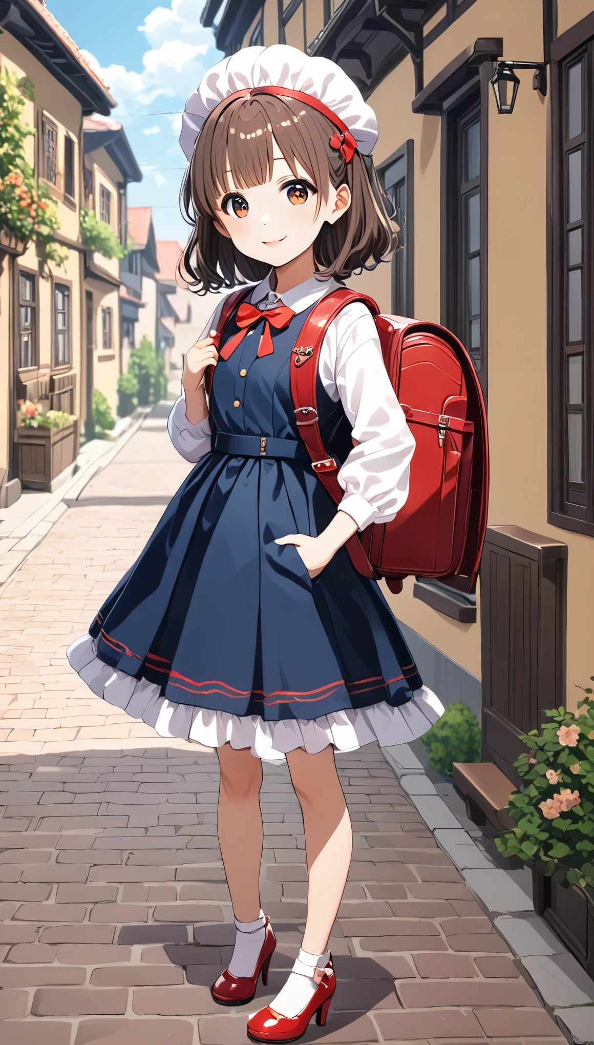 Masterpiece, hd, anime girl in party dress and hat with backpack walking down a street, Party dress,bowtie, brown hair, headcap , wearing randoseru backpack, (randoseru backpack:1.2), in dress, cute anime waifu in a nice dress, anime visual of a cute girl, young anime girl, beautiful anime school girl, aschool girl , anime full body illustration, an anime girl, wearing high heels, (high heels:1.2), cute girl, 10 y o