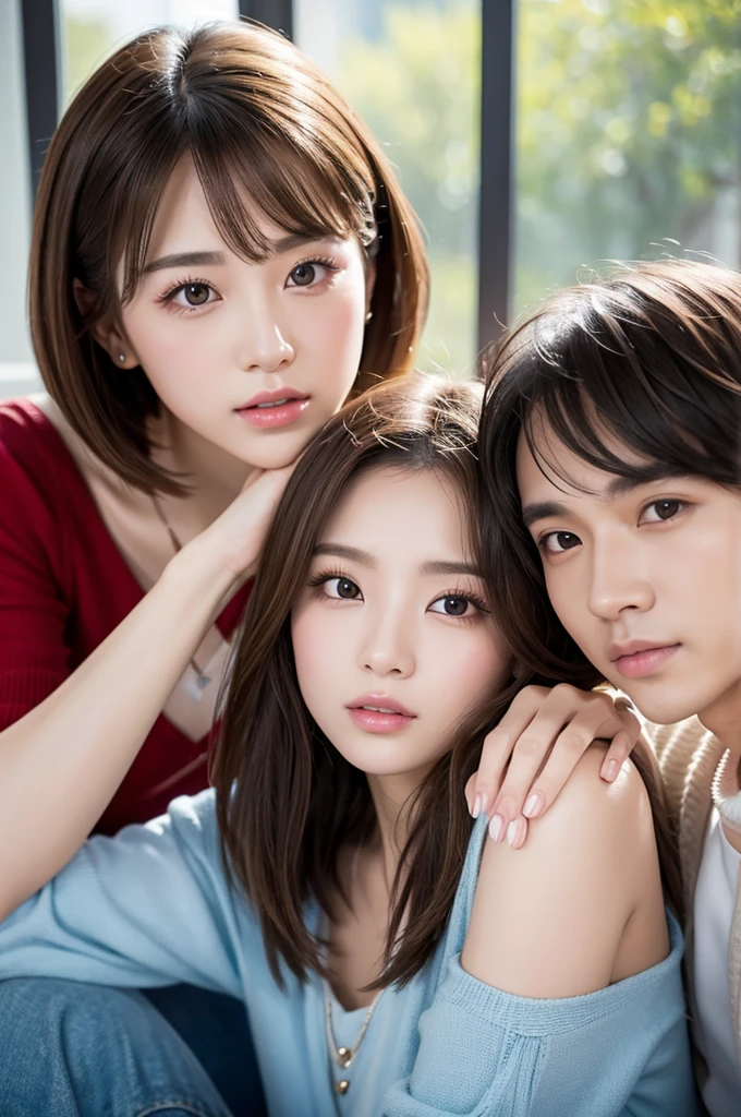 Highest quality、8k、Best image quality、Professional Lighting、Natural light、Ultra-high resolution、Clear photos、Beautiful and delicate skin、No makeup、thin、very cute３people々、White skin、Bob Hair、Brown Hair、Exquisite appearance、Affectionate３people々:1.8、kiss３people々:1.8、Embrace each other:1.8、Put your lips on it:1.6、Detailed Background、３people々idol group member:1.6