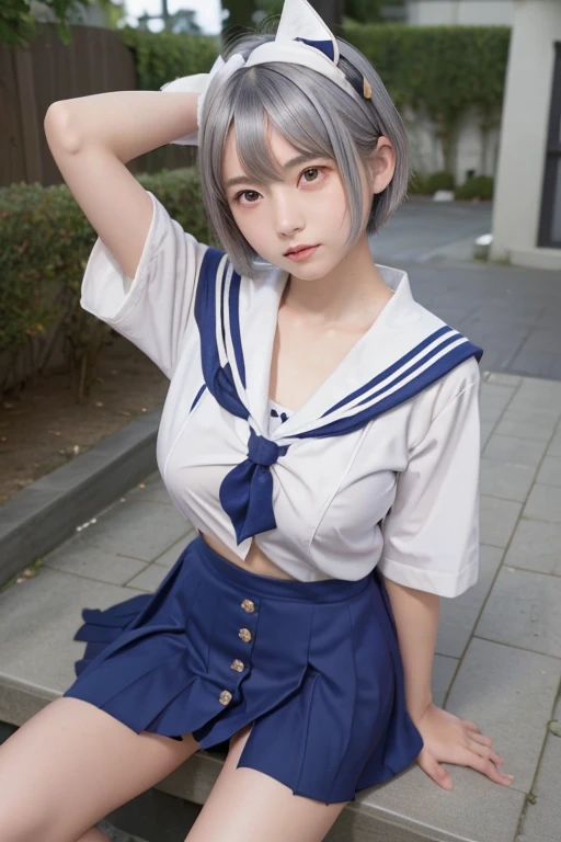 (Silver Hair))、((short hair))、Fox Ears、Japanese women、high school girl、(), Anatomically correct, Perfect Anatomy, very cute, beautiful, (Sailor suit:1.2), ((Embarrassing:1.3)), (Crying face)、blush((Unbutton your shirt and look at your chest))、(tits:1.2),15 years oldor suit))、（8Kんin，Highest quality），school classroom，student，class，JK skirt，blue Wet shirt, Wet shirt,， Narrow side， short and fine hair， 32Kin, T masterpiece， Best image quality，Ultra-high resolution，Perfect hands，look up_in_Spectators，wet skin, (((whole body))), whole body, Spread your legs wide, Spread your legs, Looking at the camera, Pay attention to the details, beautiful目、((Dynamic Movement))

