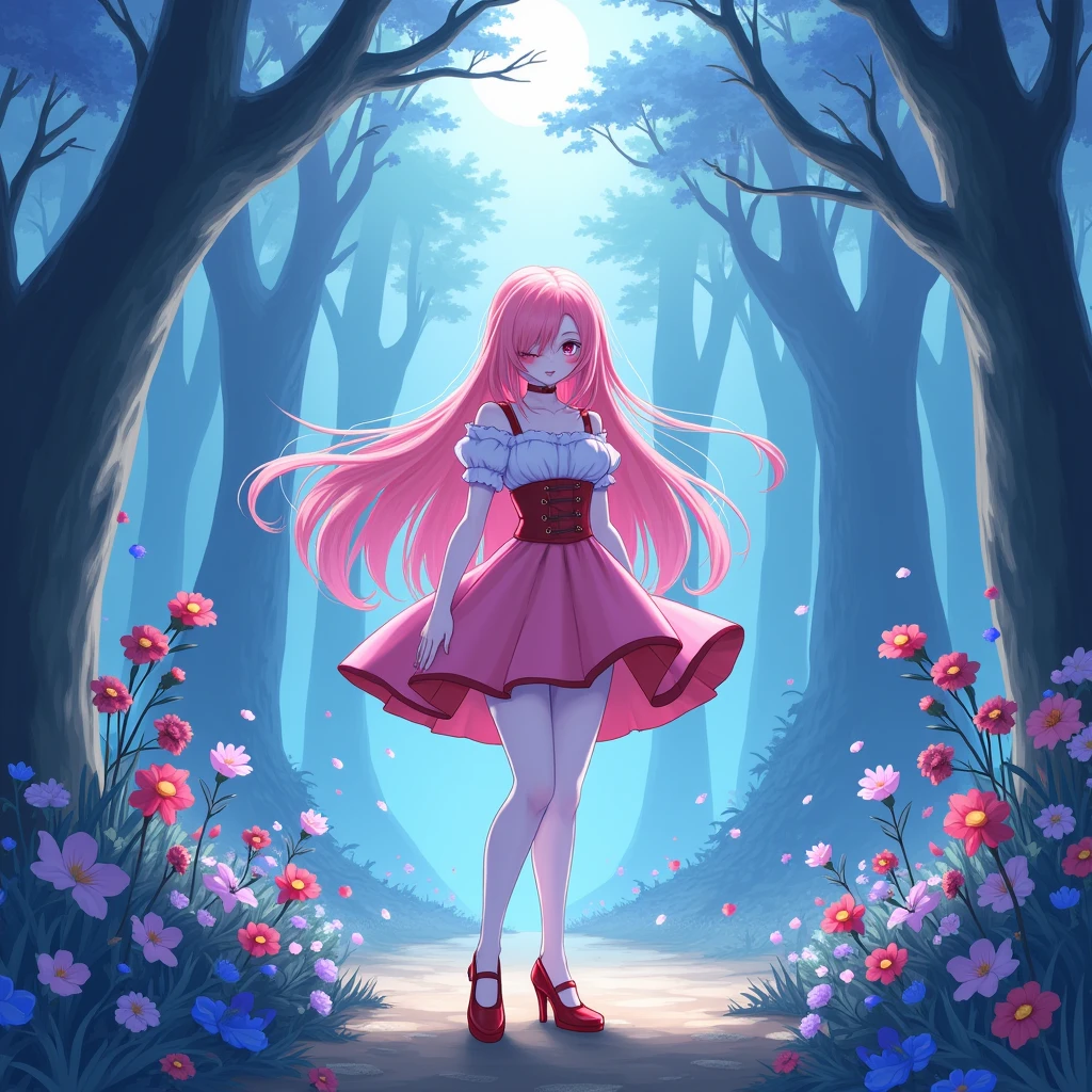 score_9, score_8_up, big chest,((white skin)),((pink hair)), ((1girl)),
1girl, (((solo))), mature woman,, light-skinned girl, pink hair, long hair, hair over one eye, red eyes, blush stickers, ((micro pink skirt 1:1))),((red high heels)), red blush,((( Hatterene))), blue_hair, blue_skin, hair_over_one_eye,A mystical sorceress stands alone in a whimsical forest glade. The mature woman's light- skinned face is framed by pink locks cascading over one eye, her red eyes gleaming with subtle intensity. A flush of crimson blush adorns her cheeks, as if kissed by the forest's magic. She dons a micro pink skirt and matching heels, her long hair flowing behind her like a river of wonder. The air is filled with the sweet scent of blue flowers, her blue skin glowing softly in harmony with the Hatterene's mystical energy.