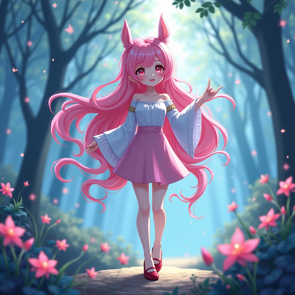 score_9, score_8_up, big chest,((white skin)),((pink hair)), ((1girl)),
1girl, (((solo))), mature woman,, light-skinned girl, pink hair, long hair, hair over one eye, red eyes, blush stickers, ((micro pink skirt 1:1))),((red high heels)), red blush,((( Hatterene))), blue_hair, blue_skin, hair_over_one_eye,A mystical sorceress stands alone in a whimsical forest glade. The mature woman's light- skinned face is framed by pink locks cascading over one eye, her red eyes gleaming with subtle intensity. A flush of crimson blush adorns her cheeks, as if kissed by the forest's magic. She dons a micro pink skirt and matching heels, her long hair flowing behind her like a river of wonder. The air is filled with the sweet scent of blue flowers, her blue skin glowing softly in harmony with the Hatterene's mystical energy.