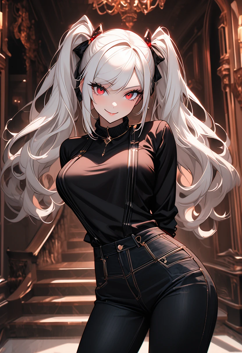 solo, female, tall, red eyes, long fluffy white hair, twin tails, mischievous smile, fun pose, very large breasts:1.3, close up, tomboy, fun, teasing pose, casual clothes, mansion, luxurious, warm, pinup pose, medium shot, futuristic, black jeans, sexy, arms behind back