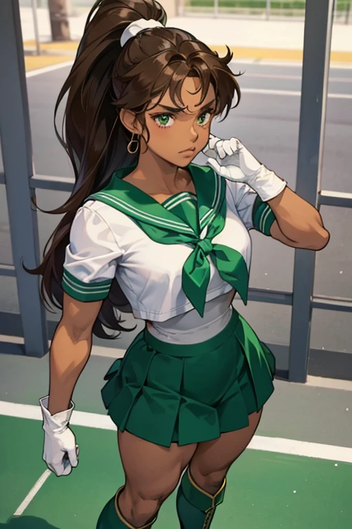 A muscular, dark-skinned mature woman with brown hair and a ponytail, dressed as Sailor Jupiter, wearing white gloves and green boots, with a displeased look on her face in the schoolyard.