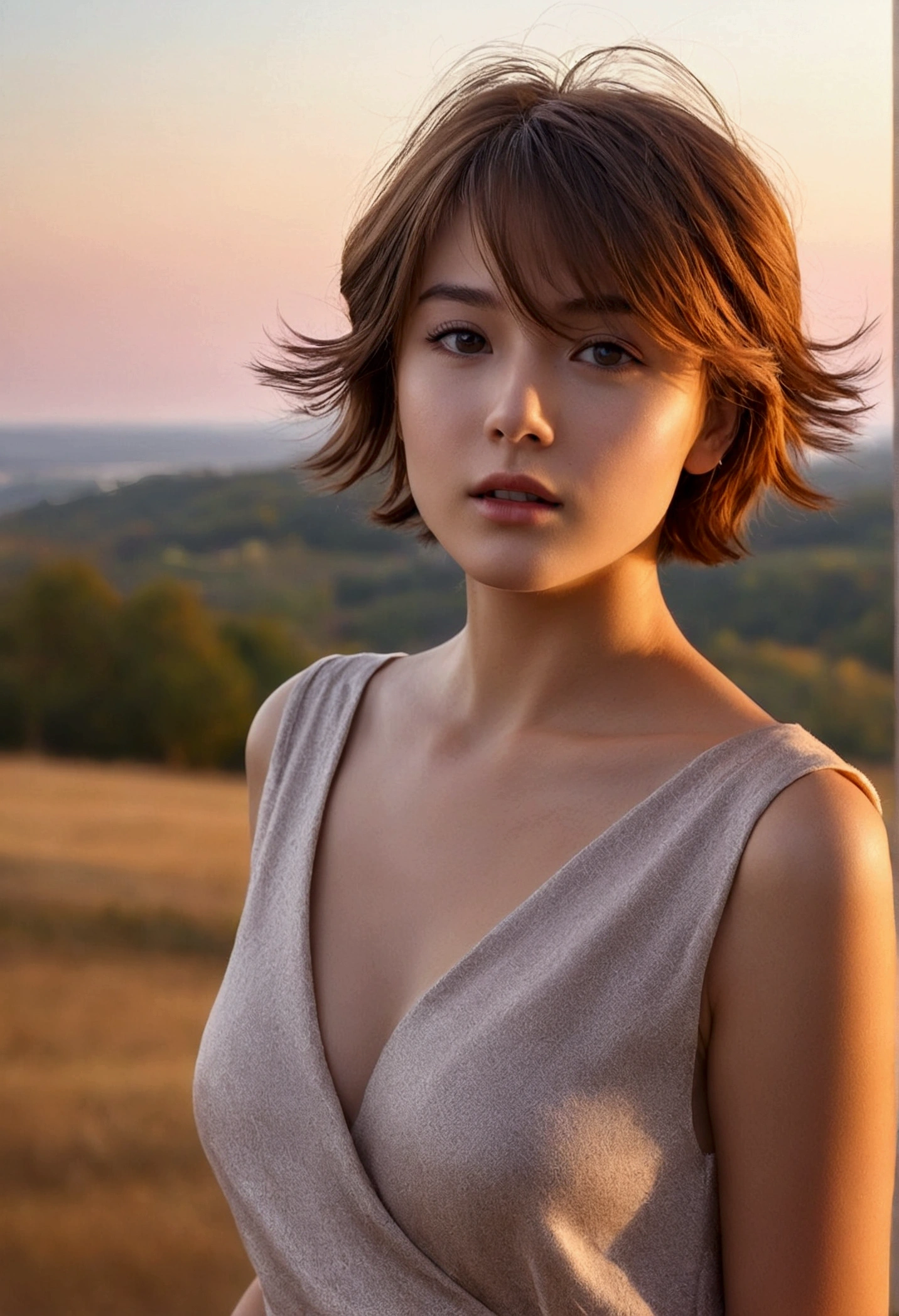 masutepiece, Best Quality, 8K, 1 girl, Located on a hill with a beautiful sunset sky, 16 yo, medium breasts, Open your mouth and say something, cute little, Solo, sad, Autumn costume, Cute, Girly, Delicate girl, Neat and clean beauty, Raw photo, Professional Photography, Portrait, Soft light, Professional Lighting, Back lighting, Upper body, look forward to your eyes, Sophisticated, Film grain, (Eyes and faces with detailed:1.0), Short hair swaying in the wind, beautiful flowing brown hair,