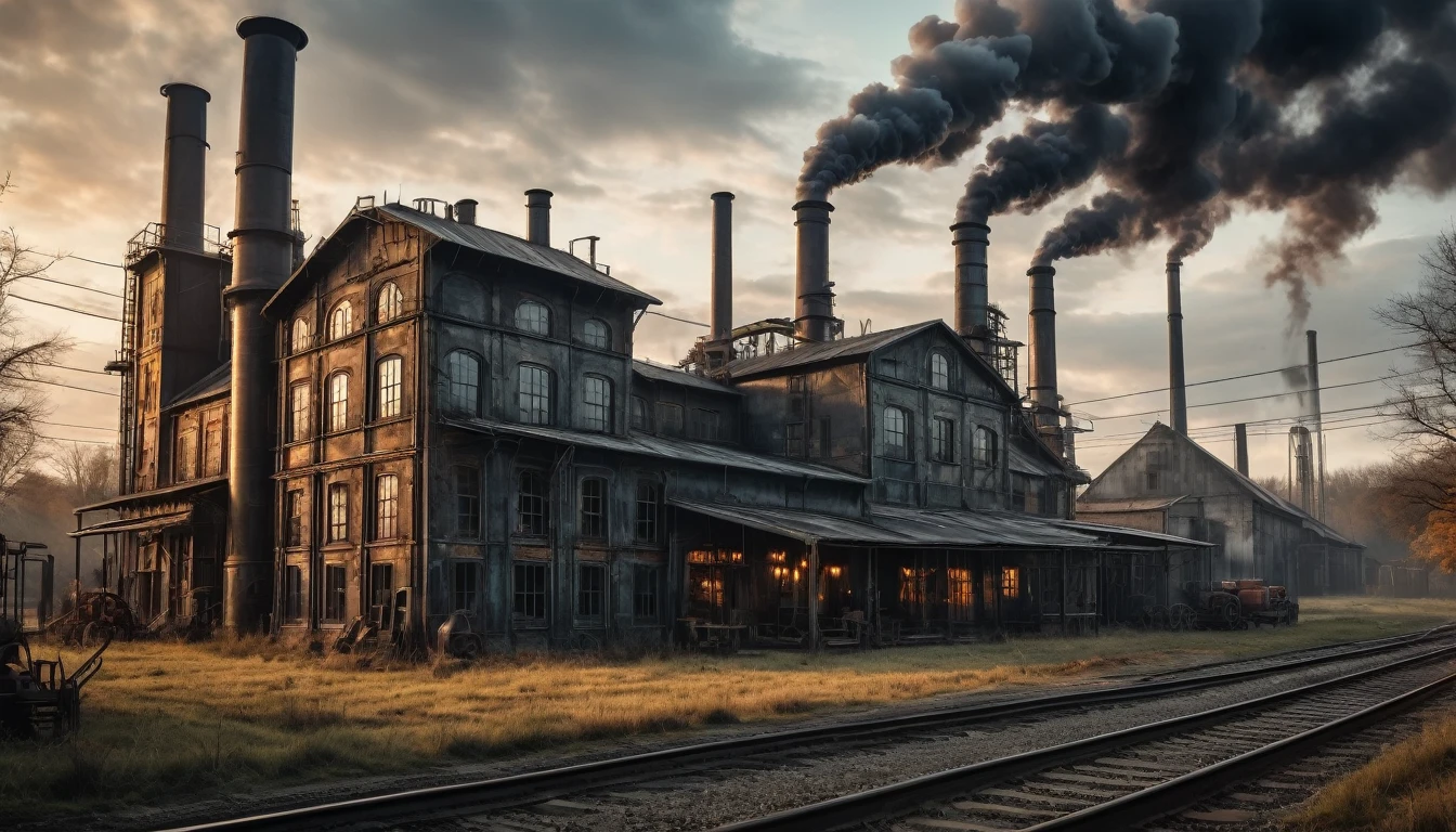 The farmhouse reimagined as an industrial revolution-era factory with smokestacks, machinery, and a bustling atmosphere. Style of H R Giger. Hyper realistic photo, vibrant colors, 16k