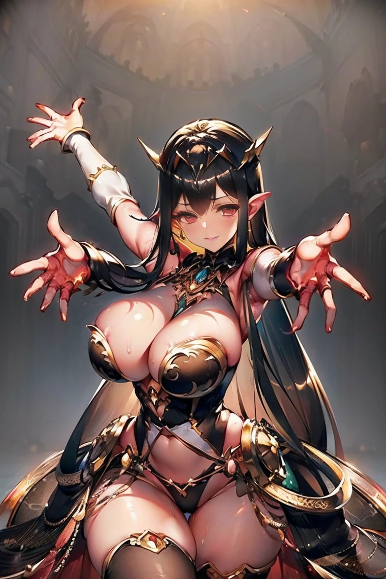 ((((((outstretched hands, out stretched fingers, outstretched arms)))))) black hair, bare shoulder, red eyes, very long hair, cleavage, large breasts, dress, showgirl skirt, high-leg, cleavage cutout, tiara, bare thighs, gauntlets, bare shoulder, spread fingers, bare fingers, bare hands, good hands, best hands, Correctly aligned fingers, extremely detailed hands and fingers, ultra detailed hands and fingers, super detailed hands and fingers, perfect hands and fingers, biologically accurate hands and fingers, (((4 fingers and 1 thumb accurate hands and fingers))), beautiful hands and fingers, hands and fingers drawing, human hand and fingers, perfect arrangement of fingers, detail focus hands, detail focus fingers, perfection hands, better hands, adult face, fearless face, (((both arms, two arms, both hands, two hands))), super fine illustration, masterpiece, masterwork, by famous artist, official art, ultra high res, best quality, high quality, Hand, detailed, perfect, perfection , hands, both hands is Thumb and index finger and middle finger and ring finger and little finger, even hands, panties, thighhighs, symmetrical bangs, gleaming skin, oil skin, shiny skin, wet skin, sweat, rouge, exquisite, beautiful, extremely detailed cg unity 8k wall paper, perfect face, ultra detailed beautiful face, perfect nose, perfect mouth, clear eyes, light eyes, perfect eyes, symmetrical eyes, even eyes, 16k portrait, absurdres, perfect body, perfect anatomy, perfect proportion, perfect arms, perfect torso, symmetrical hands, symmetrical arms, open arms for viewer, extremely detailed cg, beautiful artwork, production art, ultra quality, high quality, finely detailed, insanely detailed, absolutely resolution, raw photo, fantastic, amazing, beautiful portrait of cute anime girls, hdr, very aesthetic, cinematic, super detailed skin, top quality, intricate, professional quality, highly detailed, crisp quality, sharp focus, rich contrast, extremely high resolution, realistic hands:1.5,