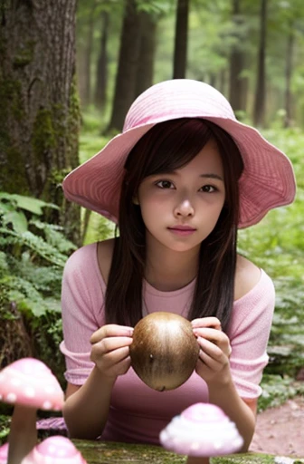 A beautiful girl eating a mysterious pink mushroom
