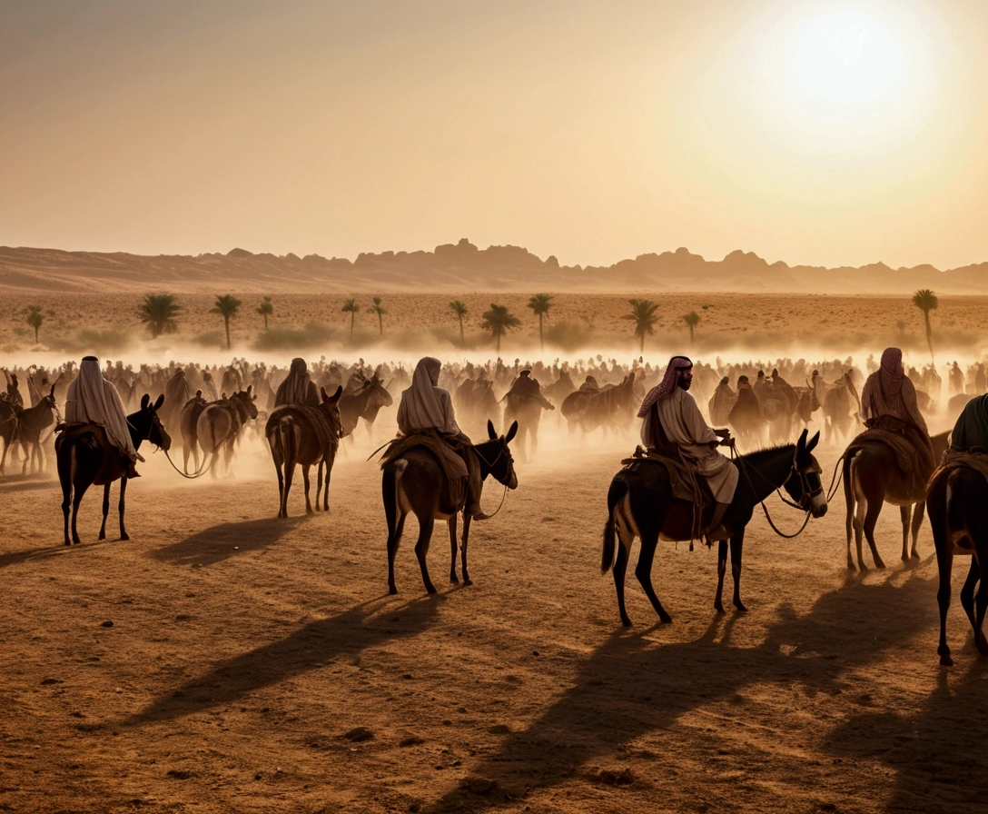 A cinematic photo capturing a historical scene set in a vast field in ancient Saudi Arabia around 1500 BC. Men are working diligently in the field, toiling under the sun, while a group of donkeys graze peacefully on the left side. In the distance, on the right, a menacing group of thieves approach on horseback, their faces hidden by masks, exuding an aura of danger and intrigue. The sky is a beautiful blend of warm and cool hues, with a dramatic sunset casting long shadows on the ground., photo, cinematic