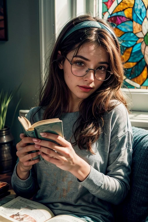 1 woman, 30 years,realist photo, close up:1.6, (30% of photo is black in drawing:1.4), she is curled up in a cozy corner, painting a romantic scene with 1 man 1 woman embracing, painted:1.4), she is creating (romantic novel cover:1.3) , She has reading glasses and is painting intensely in her dark room under (a light lamp:1.1), (rebrandt lighting:0.9) , (she's wearing comfy sweatshirt with cartoon graphic print on it, sweatpants and fuzzy slippers,),(her glasses are falling towards tip of her nose:1.2) , (relaxed intimate photo session), by rubio, beautiful face, slight smile, (perfect single colorful tiffany stained-glass window:1.4), painting supplies, water dish, art posters in the background, cozy relaxed, With head down and eyes looking at the camera., trapping us, beautiful hands, kind eyes, (interior reading corner is beautiful:1.6), gorgeous soft warm lighting:1.4,, incredible details, ((high contrast)), (deep, darker shadows), (shadow details:1.0), ((taken with Leica camera, opening: f/2.3)) , hyper-realist skin, pores and freckles, (she has by rubio, long and messy, narrow headband in pastel colors), healthy skin, blush, his arms relaxed holding a book, blankets around him, Relaxed moment, she is in the dark with natural light glow, (romantic light:1.2), radiant skin, perfectly framed face, perfect relaxed hands, perfect fingers, (perfect portrait, incredible eyes:1.1), a work of art, beautiful composition, golden ratio, playful joy, inspiring, (highest quality fabric texture), every detail,fine facial features – (of the highest quality) ,Leica camera film, High quality ○○ detailed – ○○ ultra detailed details(Ultra-fine ), Photorealist, extremely detailed(extremely detailed) , (image in greater detail, lens flare, realist)○○ res – ○○ ultra high resolution(A high resolution),playful relaxed photos