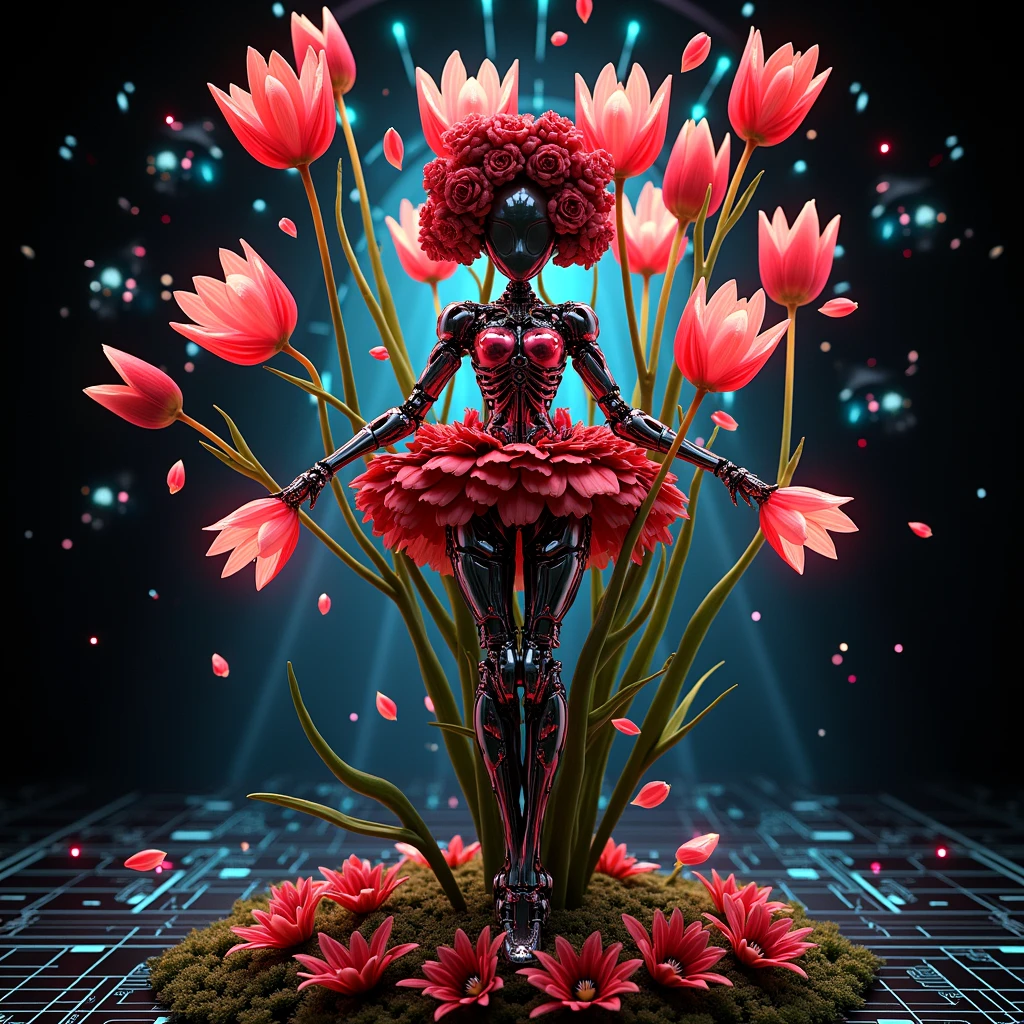 (3D，Mechanical feel，cute，ais-scrapyrd 1girl，tulip)，(使用广角镜头拍摄whole body图像:1.9)，(masterpiece:1.1)，(Highest quality:1.1)，(HDR:1.0)，Ambient Light，Ultra high quality，(Ultra-detailed original illustrations)，(1 Girl，whole body)，(彩虹tulip花裙)，(Slender thighs)，(由tulip花朵制成的鞋子: 1.5)，((Harajuku Fashion))，((Flowers with human eyes，Eye disease))，Double Exposure，Fusion of Fluid Abstract Art，Fault，(Original illustration composition)，(Limited color blending，Extreme art style，Geometric artstyle), , Colorful neon lights，High-tech mechanical parts，Metal body，(详细的振金tulip花朵设计:1.9)，Vibrant colors，动态发光tulip花朵，Reflective metal surface，Bright environment，Dynamic poses，Exquisite existence，Skills Improvement，Interlocking mechanical gears，Stylish design，motion blur effect，Detailed metal treatment，Sci-fi atmosphere，Streamlined aerodynamic shape，Laser scanning pattern，Holographic projection，LED light track，Beautiful and unforgettable，Advanced sensors，Complex algorithms，Ominous and mysterious atmosphere，Electric Spark，Shiny chrome，Propulsion systems of the future，(Best quality，8k，high resolution，masterpiece:1.2)，Super detailed，(whole body:1.8), magazine photography，一个cute的女孩形象，Popular on social platforms，((Dopamineism))，(((Dopamine color matching)))，Dopamine，(in the style of Y2K)，Luo Erchun，3D古风，Oriental poetry and painting