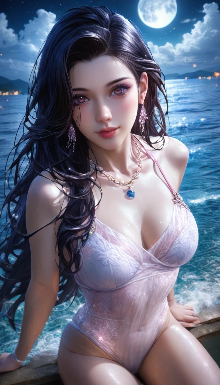 score_9, score_8_superior, score_7_superior, A masterpiece in 32K resolution,Highest quality,it is really amazing,Very detailed,Ultra-high resolution,Ultra-realistic,Realistic,Increased depth of field,Cinematic lighting,
Elegant Japanese woman,
Straight long hair with black hair,Ultra-detailed and beautiful face,Gentle expression,Translucent white skin,Realistic skin texture,
Sexy Swimwear,
Bold design,Artistic design,Beautiful and detailed pattern,Detailed fabric texture,
Gorgeous necklace,Earrings,
Coastline at night,Giant Moon,Dark clouds floating in the dark night sky,
High angle,