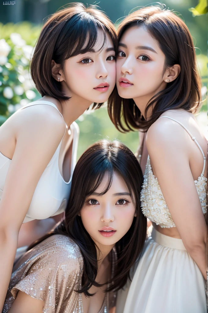 Highest quality、8k、Best image quality、Professional Lighting、Natural light、Ultra-high resolution、Clear photos、Beautiful and delicate skin、No makeup、thin、very cute3people々、White skin、short hair、Brown Hair、Exquisite appearance、Affectionate3people々:1.8、kiss3people々:1.8、Embrace each other:1.8、Put your lips on it:1.6、Detailed Background、3people々idol group member:1.6