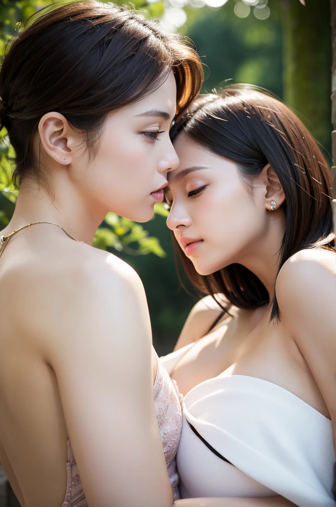 Highest quality、8k、Best image quality、Professional Lighting、Natural light、Ultra-high resolution、Clear photos、Beautiful and delicate skin、No makeup、thin、very cute3people々、White skin、short hair、Brown Hair、Exquisite appearance、Affectionate3people々:1.8、kiss3people々:1.8、Embrace each other:1.8、Put your lips on it:1.6、Detailed Background、3people々idol group member:1.6