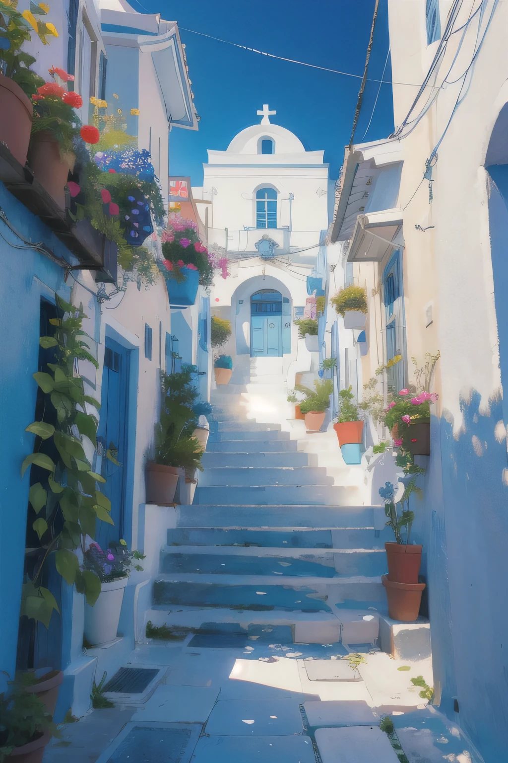 ((best quality, masterpiece, absorbent, super resolution)), Greek, santorini island , white building and blue roof, wide-angle vistas, Many colorful flowers in the alley, blue sea.