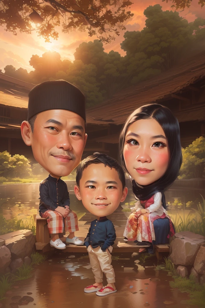 there are two people that are sitting on a bench, beautiful hair, And the boy stood in the middle on the ground, an indonesian family portrait, caricature illustration, potrait, happy family, barong family, cartoon art, in cartoon style, cartoon portrait, classic portrait, digital art cartoon, full protrait, cartoon digital art, traditional portrait, by Abidin Dino, caricature style, portrait of family of three