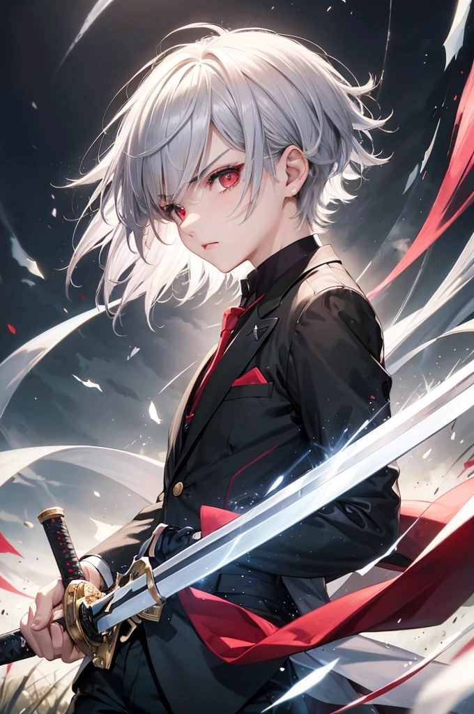 (hard battle style) (hand holding japanese long sword) (long sword with double exposure frame), (best quality pose Ready sword) (solo:2, 16 yo) (detailed cool crew cut silver hair very short hair) (smart divine sword fighter boy) (detailed cool red eyes) (cool angry face), in a butler suit with wind effect, break, in the battle open field, background black, BREAK, perfect anatomy, masterpiece, best quality, 16k, beautiful detailed grow, daydreaming expression.