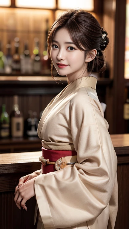 photography of a brightly sangmi nam who is korean actress,masterpiece,photorealistic,analog,realism,korean idol,slim leg, long_brown_hair,1 girl, very bright backlighting, solo, {beautiful and detailed eyes},calm expression, natural and soft light,delicate facial features, Blunt bangs, beautiful Korean girl, eye smile,28yo, ((model pose)), Glamor body type,half red and half hair, flim grain, realhands, masterpiece, Best Quality, photorealistic, ultra-detailed, finely detailed, high resolution,brown messy hair, perfect dynamic composition, beautiful detailed eyes,Korean girl,((nervous and embarrassed)),sharp-focus, beautymix, FilmGirl,(hair in an updo:1.3),(wearing a beige kimono:1.3),facing reality,(smile:1.3),(You must be standing at the bar:1.3),(cowboy shot:1.3),night scene