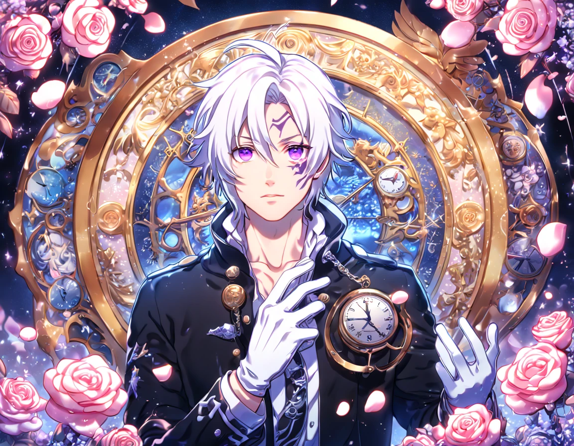 absurdres, highres, ultra detailed, HDR, masterpiece, extremely detailed, Allen Walker, white hair, expressive purple eyes, D.Gray-man, solo, sexy man, handsome, sensual, black coat, white gloves, water, magical, fantasy, glittering, shining, pink roses, blossoms, petals, in woderland, clock, manly man