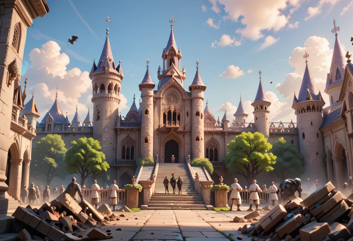zombies, zombie horde, palace stairs, debris, fancy palace, white medieval palace, masterpiece quality, ultra HD, 4K, best quality