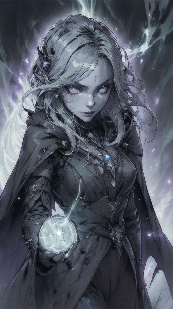 beautiful hld_woman, perfect hld_face, perfect hld_body , portrait, looking down, solo, (full body:0.6), detailed background, detailed face, (gothic dark fantasy theme:1.1) evil wizard, tattered gray magical robes, sinister smirk, purple color scheme, dark green light, library, glowing magical text, dark atmosphere, shadows, realistic lighting, floating particles, sparks, surrounded by green lightning casting spell, summoning, red arcane symbols, corrupted by eldritch power, power-hungry eyes, bloom,