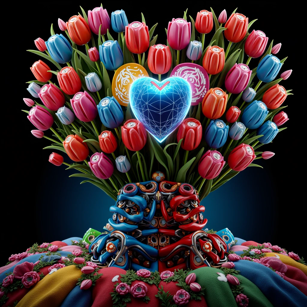 (3D，Mechanical feel，cute，ais-scrapyrd 1girl，tulip)，(使用广角镜头拍摄whole body图像:1.9)，(masterpiece:1.1)，(Highest quality:1.1)，(HDR:1.0)，Ambient Light，Ultra high quality，(Ultra-detailed original illustrations)，(1 Girl，whole body)，(彩虹tulip花裙)，(Slender thighs)，(由tulip花朵制成的鞋子: 1.5)，((Harajuku Fashion))，((Flowers with human eyes，Eye disease))，Double Exposure，Fusion of Fluid Abstract Art，Fault，(Original illustration composition)，(Limited color blending，Extreme art style，Geometric artstyle), , Colorful neon lights，High-tech mechanical parts，Metal body，(详细的振金tulip花朵设计:1.9)，Vibrant colors，动态发光tulip花朵，Reflective metal surface，Bright environment，Dynamic poses，Exquisite existence，Skills Improvement，Interlocking mechanical gears，Stylish design，motion blur effect，Detailed metal treatment，Sci-fi atmosphere，Streamlined aerodynamic shape，Laser scanning pattern，Holographic projection，LED light track，Beautiful and unforgettable，Advanced sensors，Complex algorithms，Ominous and mysterious atmosphere，Electric Spark，Shiny chrome，Propulsion systems of the future，(Best quality，8k，high resolution，masterpiece:1.2)，Super detailed，(whole body:1.8), magazine photography，一个cute的女孩形象，Popular on social platforms，((Dopamineism))，(((Dopamine color matching)))，Dopamine，(in the style of Y2K)，Luo Erchun，3D古风，Oriental poetry and painting