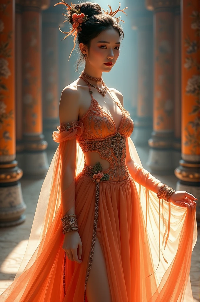 Cinderella with pumkin , gorgeous costumes embroidered with intricate embroidery, flowing tulle, transparent long colorful ribbons tied on the arms, inspired by Dunhuang Flying Apsaras murals, showing navel, bare shoulders, bare neck, hair in a high bun with flower hairpins, ribbons on arm rings, wreaths, bracelets, anklets, metal chain tassels on the waist, Mogao Grottoes art, ink painting, cgstation pop, in the night castle, ((fullbody)), ((super realistic))
