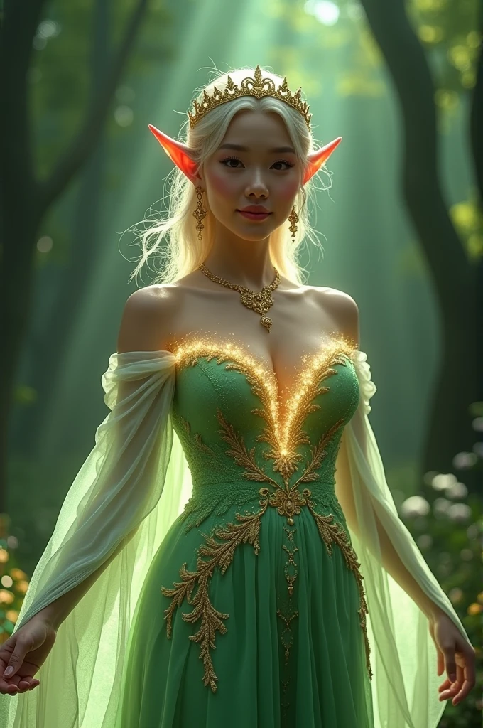 ((masterpiece、Highest quality、8k、Extremely fine and exquisite detail、The most complex and detailed textures、Ultra-high resolution))、(Beautiful fountain:1.1)、(A dress that shines from the inside:1.1)、The most beautiful elven princess、Elf Ears、The Most Sacred Princess Dresses、The background is a complex and sacred forest、Dresses that emit light from the inside、The dress is green and white with gold decorations..、Fairytale Sparkle、Fairytale atmosphere、wonderful、The most intricate and sacred dress、Holy Elf、Light yellow-green fog、The perfect elven princess, recreated in precise detail、The most complex and detailed forest、Glowing Dress、Filled with God's Light、Gorgeous tiara and necklace、wonderful、Overgrown trees々、A forest illuminated by sacred green light、wonderful映画照明、The most beautiful face,Half Japanese, half Spanish、Beautiful smile、Beautiful wavy hair、The most gorgeous and exquisite dress、Smiling while looking at the camera、Breasts so big that they almost burst、Nipped waist dress、Accentuate your body lines)、(pregnancy:1.1)、Big cleavage