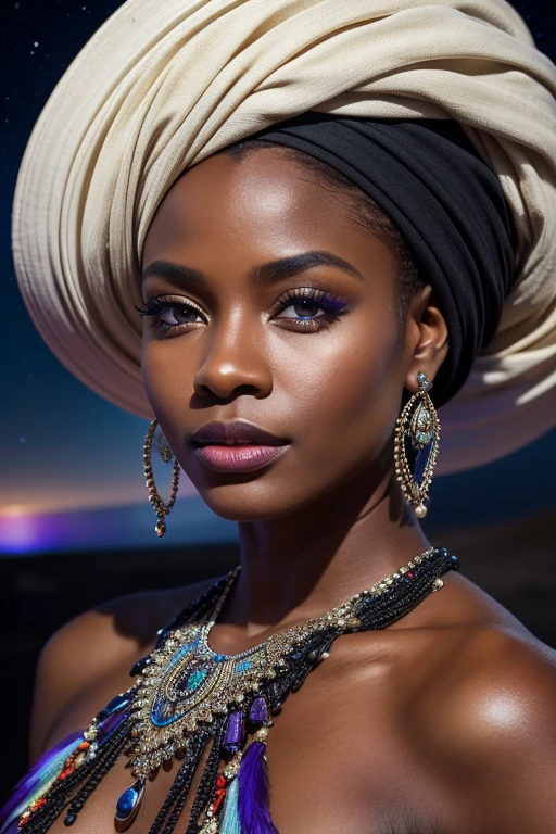 Portrait of an African woman with white turban and peacock feathers, High definition art, piercing, olhos gentis, well defined face, sand dune in the background, night with glowing sand particles illuminating the scene, style artgerm, 32 mil, ultra HD, unreal mechanism rendered, hyper-realistic image, camara canon r6 objetivo 100mm 2.8f portrait 30 years old, diamond face, starry sky background, Depth of field, magie, big red lips, ((dark and black eyes)), Medium chest covered with futuristic adornments, mystical atmosphere, menacing shadows, intense blue aura, Intense red aura (best qualityer:1.2), absurderes, details Intricate, (highly detailed skin:1.2), smile expression, posando, attractive body. highly realistic, Brunette skin burned by the African sun, comely, Hyper-Realism, very elaborate skin, direct gaze, night sky, futurist, (work of art, ultra detaild, A high resolution) , I DON'T WANT HUMANS, There is a flow of energy, Very real scenario, clear shades of purple and blue, ultra details.