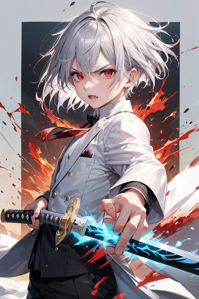 (hard battle style) (hand holding japanese long sword) (long sword with double exposure frame), (best quality pose Ready sword) (solo:2, 16 yo) (detailed cool crew cut silver hair very short hair) (smart divine sword fighter boy) (detailed cool red eyes) (cool angry face), in a butler suit with wind effect, break, in the battle open field, background black, BREAK, perfect anatomy, masterpiece, best quality, 16k, beautiful detailed grow, daydreaming expression.