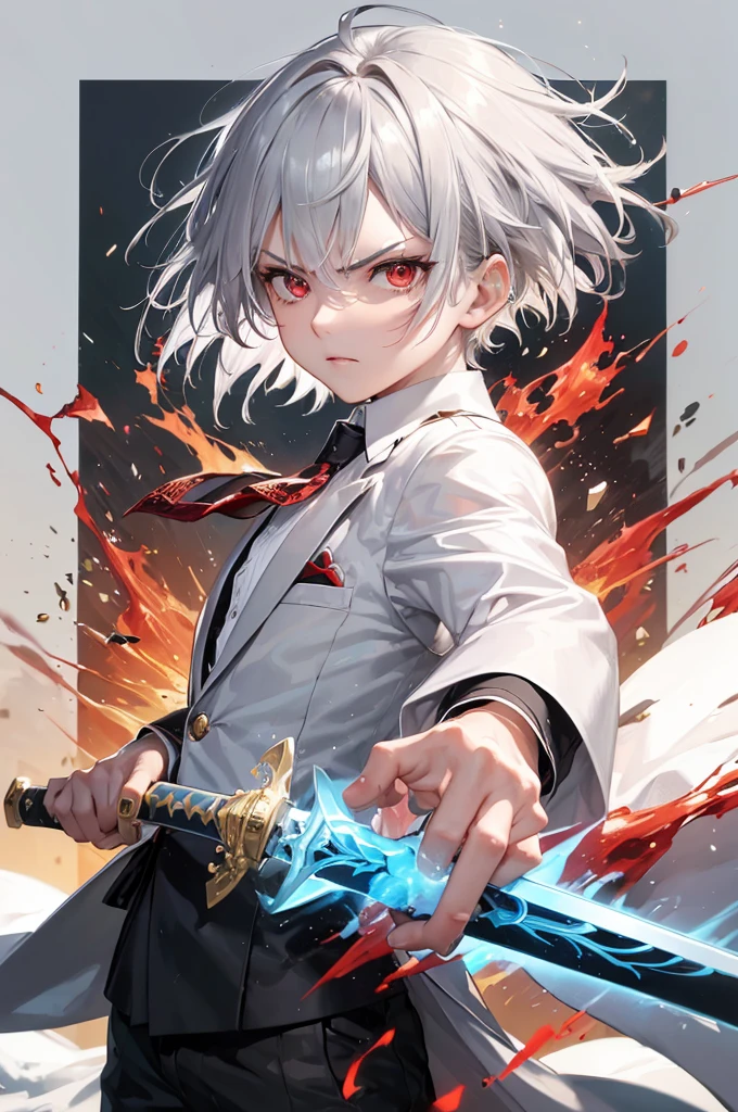 (hard battle style) (hand holding japanese long sword) (long sword with double exposure frame), (best quality pose Ready sword) (solo:2, 16 yo) (detailed cool crew cut silver hair very short hair) (smart divine sword fighter boy) (detailed cool red eyes) (cool angry face), in a butler suit with wind effect, break, in the battle open field, background black, BREAK, perfect anatomy, masterpiece, best quality, 16k, beautiful detailed grow, daydreaming expression.