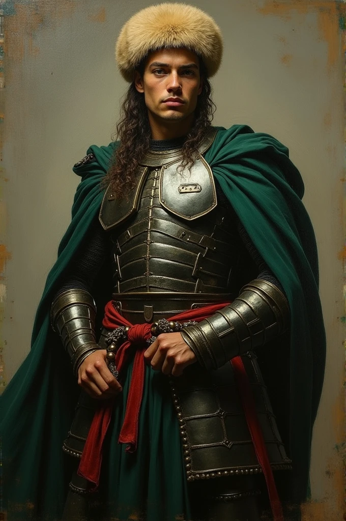 {{Masterpiece, best quality, oil painting, by Franz von Stuck, male focus, muted colors}}, the composition is: (((a dramatic half body portrait of a 25 years old ancient Roman soldier, sexy, magnificent, wearing a beige Russian fur hat, he is wearing a red diamond shape pendant))). ((((He is wearing a dark green lorica armor made of velvet, alligator leather, with ronin inspired elements, Slavic inspired elements, wearing a satin sash))).