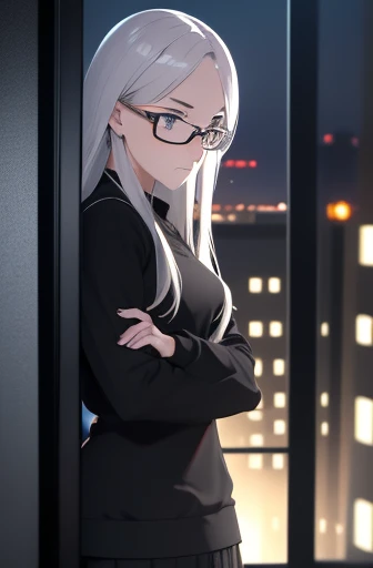 Realistic magic of a woman with long hair, Gray Hair, Wear glasses, Wearing a black sweatshirt, Expressions of fear, Are standing, Night office setup, Buildings at night in the scenery seen from the window
