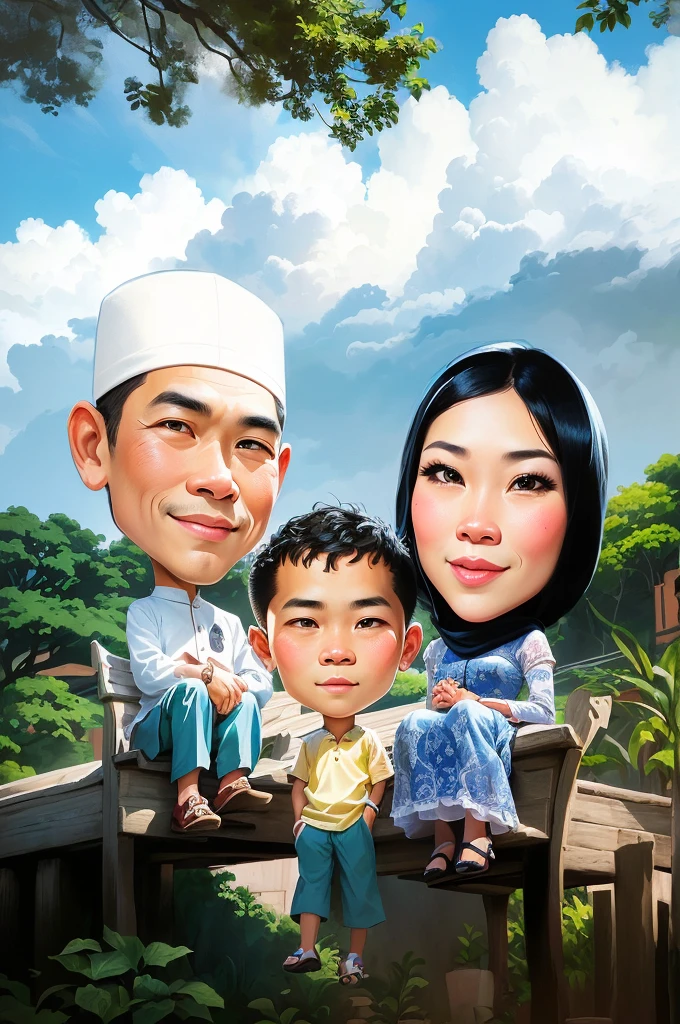 there are two people that are sitting on a bench, beautiful hair, And the boy stood in the middle on the ground, an indonesian family portrait, caricature illustration, potrait, happy family, barong family, cartoon art, in cartoon style, cartoon portrait, classic portrait, digital art cartoon, full protrait, cartoon digital art, traditional portrait, by Abidin Dino, caricature style, portrait of family of three