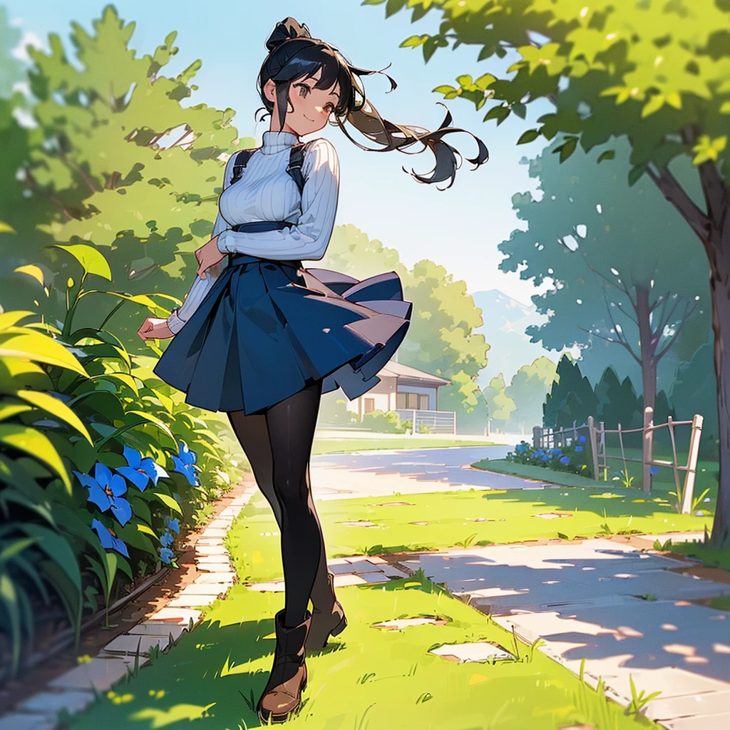 (high quality, High resolution, Very detailed, reality:1.37), Peaceful atmosphere, (Outdoor, garden), Teenage girl standing alone, (my breasts are big.), Beautiful details, Cute Smile, (Black hair ponytail), Ribbed sweater, Blue Skirt, Black tights, Brown boots.