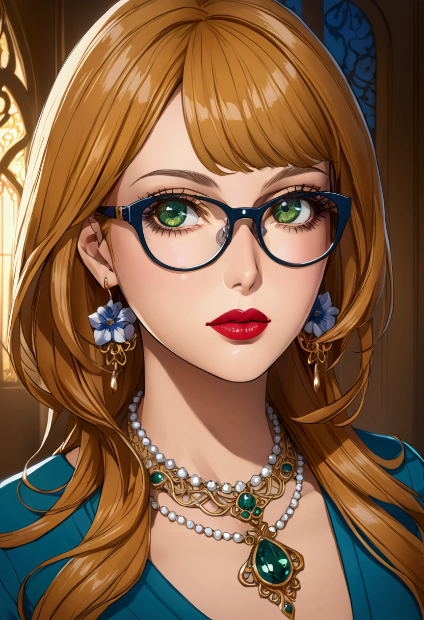 ((best quality)), ((masterpiece)), (detailed), 1 woman adult, straight hair, green eyes, beautiful detailed eyes, beautiful detailed lips, detailed face and eyes, long eyelashes, blue shirt, necklace with pendant of flower, bangs divided in two, ((wide and mature face)) glasses, anime, concept art, dramatic lighting, cinematic, vivid colors, highly detailed, masterpiece, best quality, Milf, mother's face 
