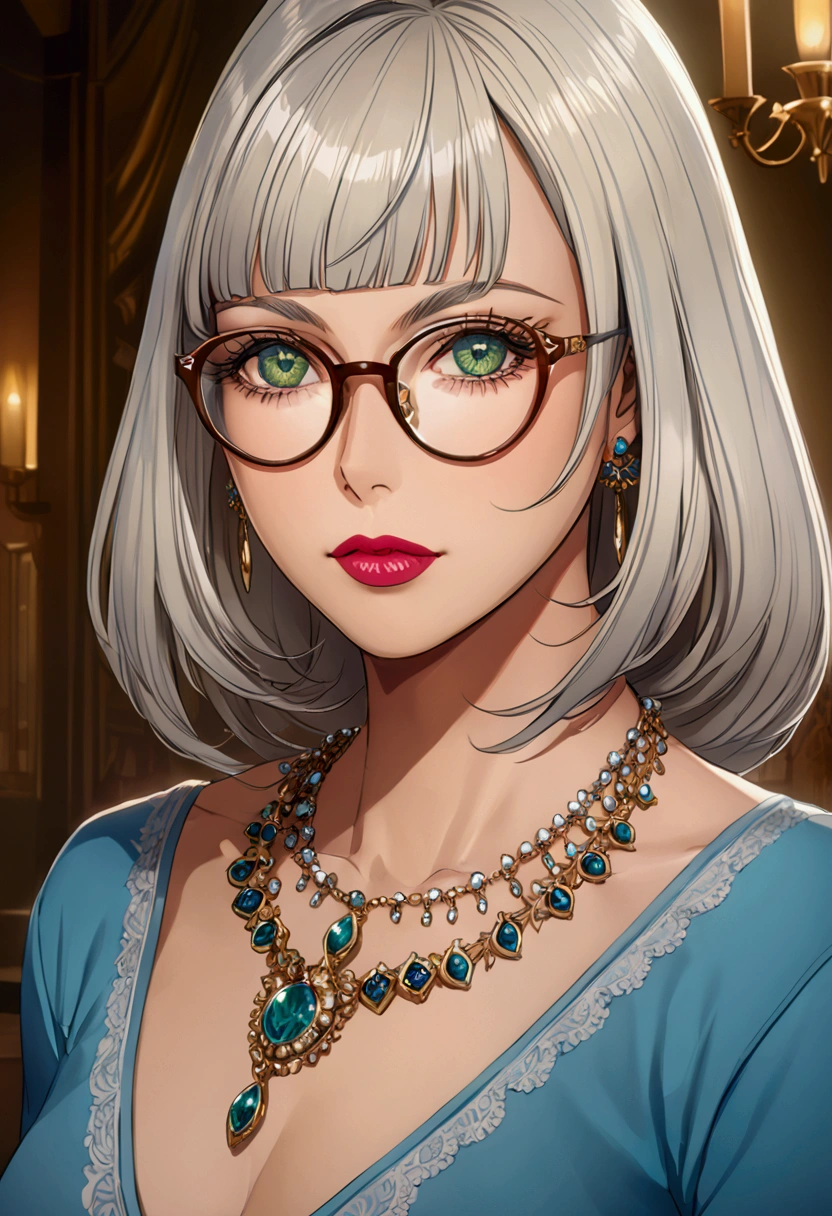 ((best quality)), ((masterpiece)), (detailed), 1 woman adult, straight hair, green eyes, beautiful detailed eyes, beautiful detailed lips, detailed face and eyes, long eyelashes, blue shirt, necklace with pendant of flower, bangs divided in two, ((wide and mature face)) glasses, anime, concept art, dramatic lighting, cinematic, vivid colors, highly detailed, masterpiece, best quality, Milf, mother's face 