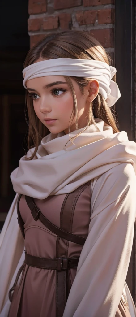 a beautiful girl , standing alone with a cowl headband, profile view looking at the viewer, extremely detailed eyes and face, masterpiece, best quality, high resolution, photorealistic, ultra-detailed, intricate details, delicate features, soft lighting, warm color tones, elegant, feminine, graceful, serene expression