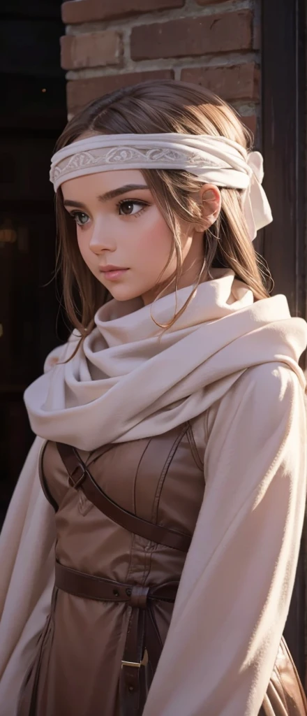 a beautiful girl , standing alone with a cowl headband, profile view looking at the viewer, extremely detailed eyes and face, masterpiece, best quality, high resolution, photorealistic, ultra-detailed, intricate details, delicate features, soft lighting, warm color tones, elegant, feminine, graceful, serene expression