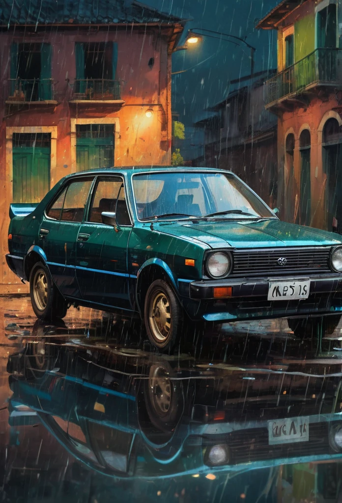 A black ke35 car in the style of sam spratt, toyota corolla ke35, historical vintage car, old masters, genndy tartakovsky, soggy, masaccio, a 1990s poster style with dark green and blue details, colorful with vibrant colors, (low-light, breathtaking panoramic:1.3), acrilic art, rainny