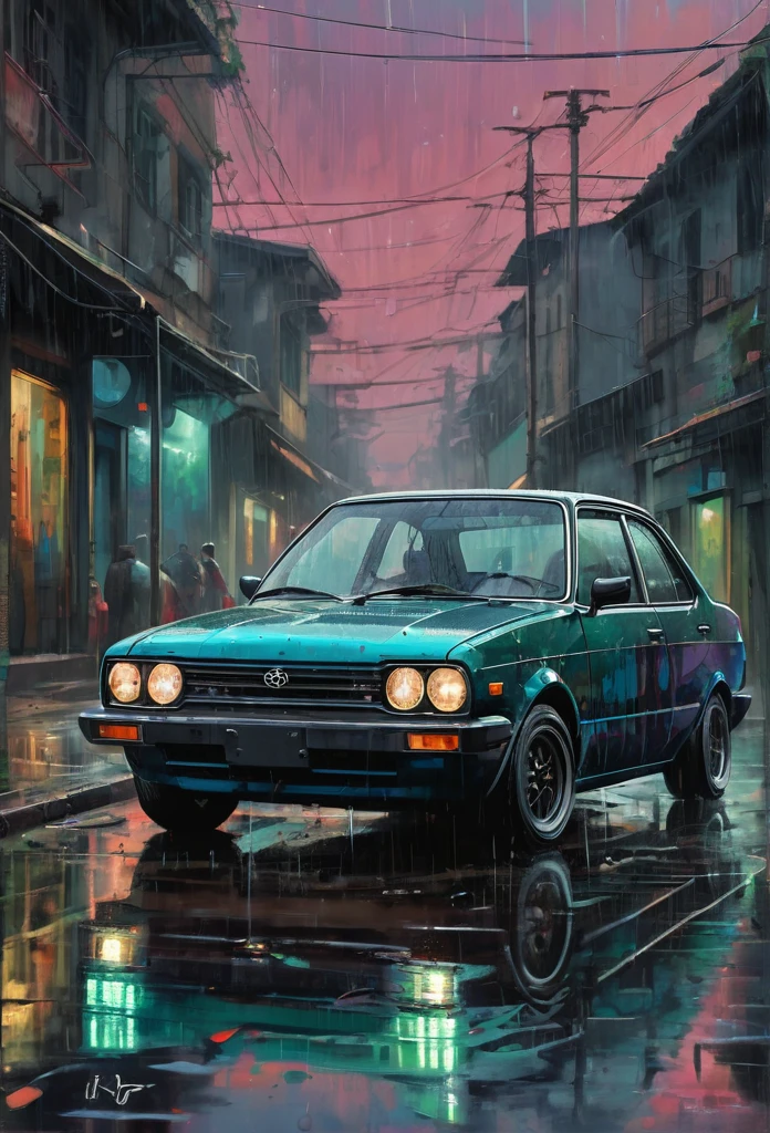 A black ke35 car in the style of sam spratt, toyota corolla ke35, historical vintage car, old masters, genndy tartakovsky, soggy, masaccio, a 1990s poster style with dark green and blue details, colorful with vibrant colors, (low-light, breathtaking panoramic:1.3), acrilic art, rainny