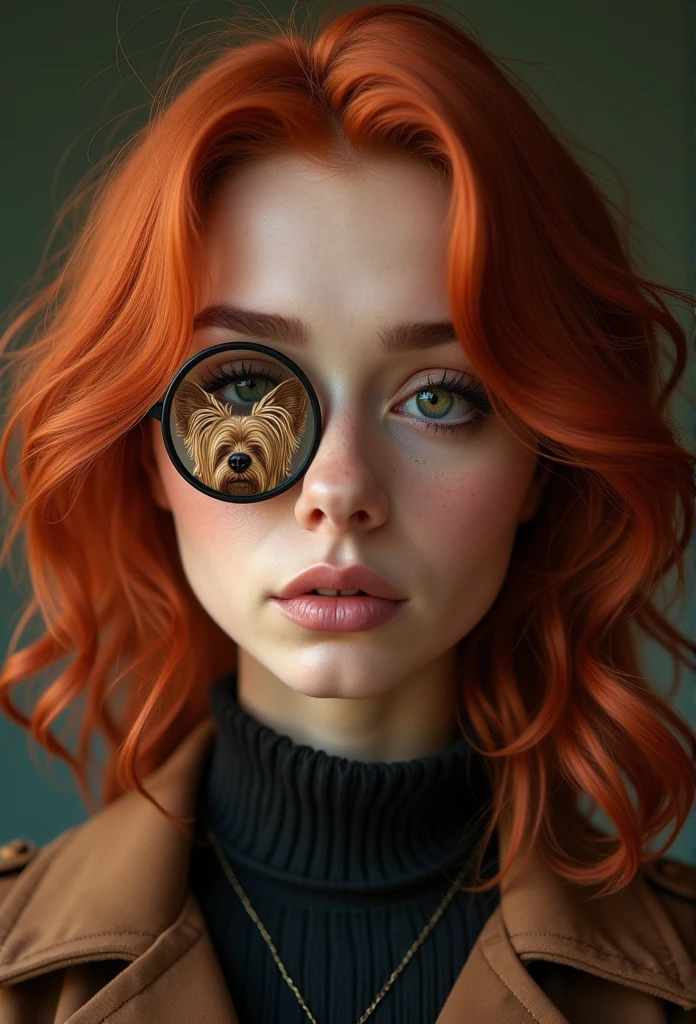 Belle femme, 29 ans, cheveux roux raides, yeux marron foncé,visage légèrement arrondi, Grosse joue, monocle, avec un chien du Yorkshire dessiné dessus