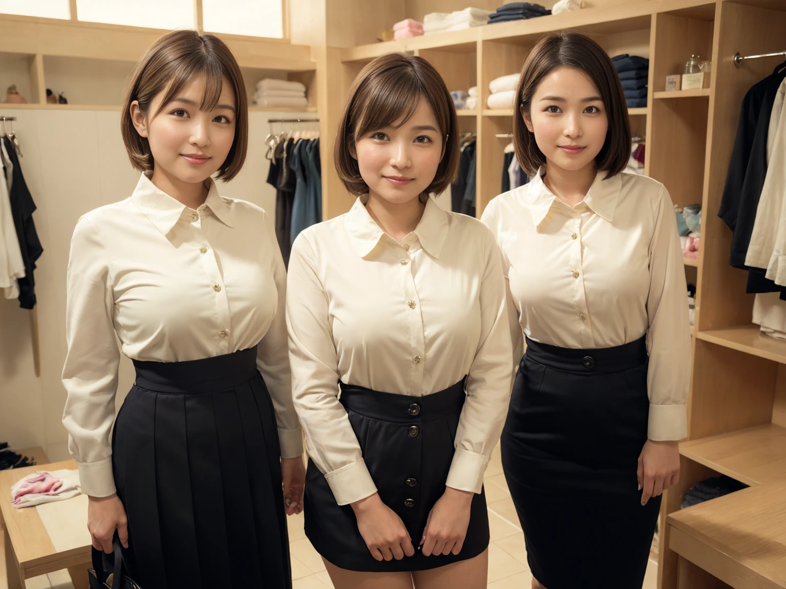 masterpiece, Highest quality, figure, Very detailed, The finer details, High resolution, 8k,wallpaper, Perfect dynamic composition,(Detailed high quality, Realistic depiction of eyes:1.3), (Three Girls),(A tight-fitting waitress uniform with buttons on the collar and chest), Seraphim, Short Bob Hair, The background is an empty changing room, Deep in the field, Black hair color, Big Natural Color Lip, (Perfect figure), (smile)、Harajuku Style、日本の50 years oldの女性:1.4), Adorable expression、Expressions of happiness、50 years old、Beautiful feet, Idol Sculpture、(Changing clothes in the changing room:1.5)