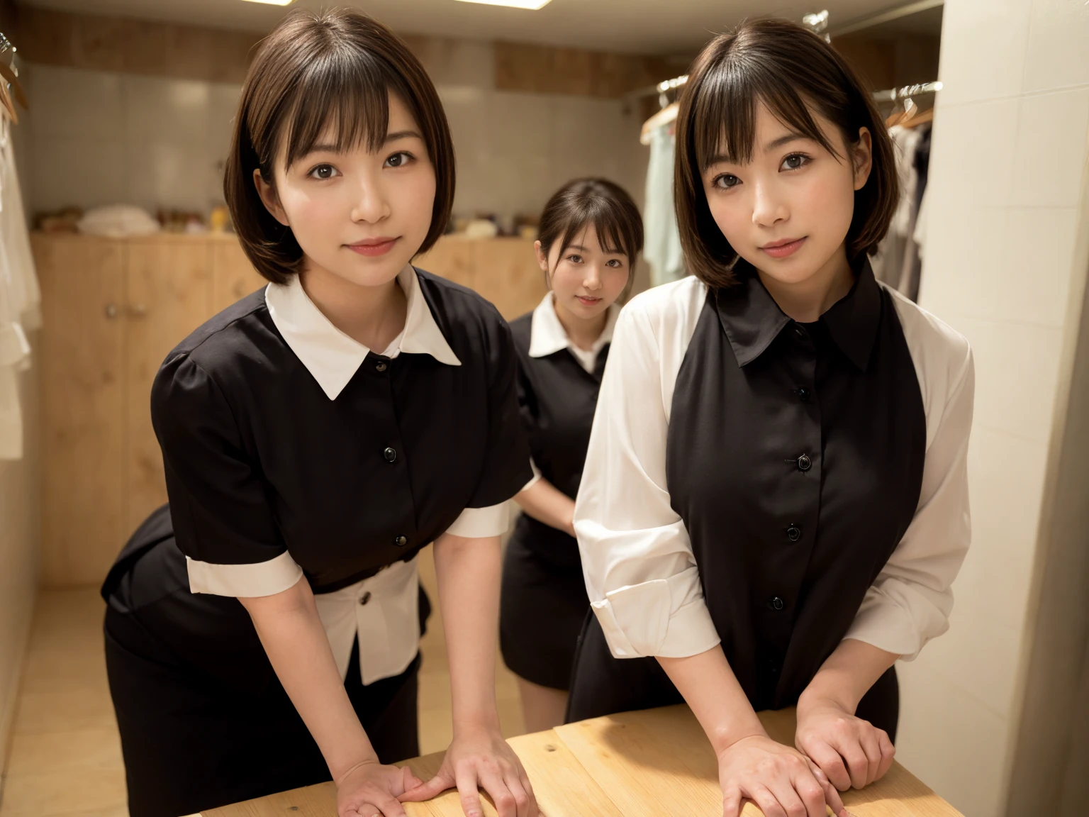 masterpiece, Highest quality, figure, Very detailed, The finer details, High resolution, 8k,wallpaper, Perfect dynamic composition,(Detailed high quality, Realistic depiction of eyes:1.3), (Three Girls),(A tight-fitting waitress uniform with buttons on the collar and chest), Seraphim, Short Bob Hair, The background is an empty changing room, Deep in the field, Black hair color, Big Natural Color Lip, (Perfect figure), (smile)、Harajuku Style、日本の50 years oldの女性:1.4), Adorable expression、Expressions of happiness、50 years old、Beautiful feet, Idol Sculpture、(Changing clothes in the changing room:1.5)