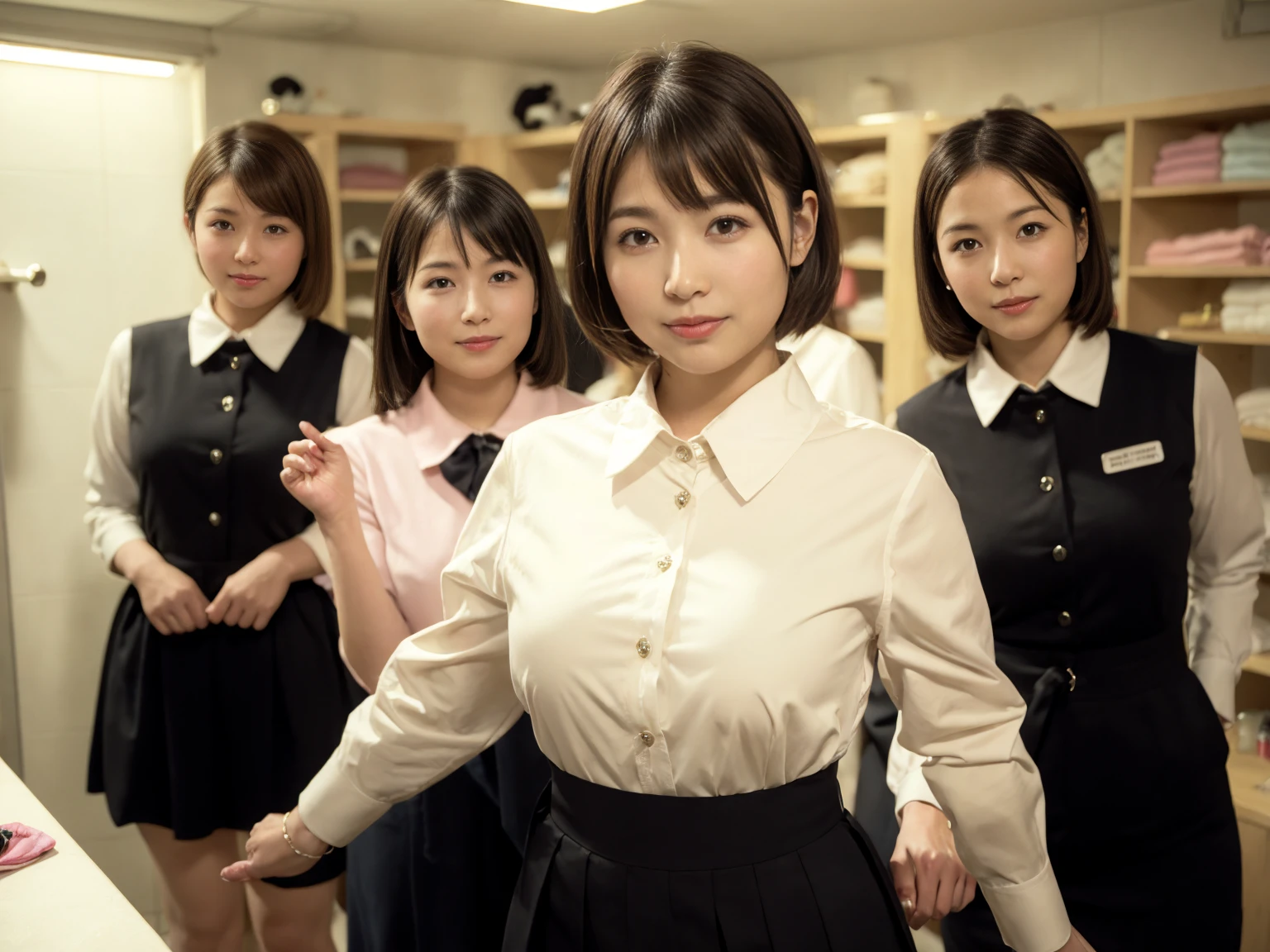 masterpiece, Highest quality, figure, Very detailed, The finer details, High resolution, 8k,wallpaper, Perfect dynamic composition,(Detailed high quality, Realistic depiction of eyes:1.3), (Three Girls),(A tight-fitting waitress uniform with buttons on the collar and chest), Seraphim, Short Bob Hair, The background is an empty changing room, Deep in the field, Black hair color, Big Natural Color Lip, (Perfect figure), (smile)、Harajuku Style、日本の50 years oldの女性:1.4), Adorable expression、Expressions of happiness、50 years old、Beautiful feet, Idol Sculpture、(Changing clothes in the changing room:1.5)