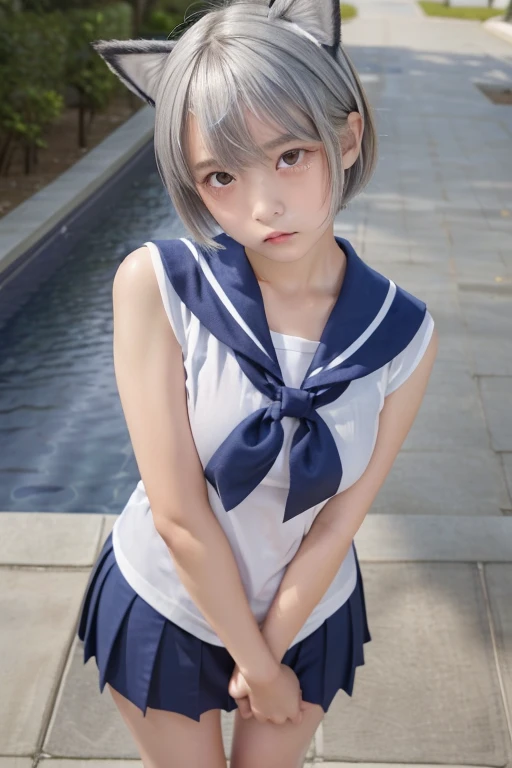 (Silver Hair))、((short hair))、Fox Ears、(15 years old), Anatomically correct, Perfect ???????, very cute, beautiful, (Sailor suit:1.2), ((Embarrassing:1.3)), (Crying face)、blush(((Melancholic expression))、((Sad face))、((Angry face))、((Crying face))、(15 years oldの少女)),(8Kんin,Highest quality),whole body shot shot,watching from a distance,long range shooting,School class room,student、See-through shirt and school skirt,blue Wet shirt, Wet shirt, , Narrow side, Short fine hair, 32Kin, T masterpiece, Best image quality,Ultra-high resolution,Perfect hands,look up_in_Looking into the audience,wet skin, (((whole body))), whole body, Legs wide open, Spread your legs, Looking at the camera, Eye for details, beautiful目