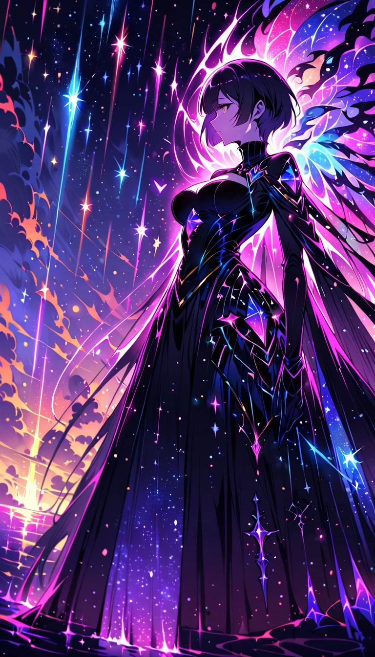 in style of Harry Clarke,in style of Jaehyo Lee,twiceLight, (1 girl), spring、The breakwater at dusk、In the distance, Expressing the world of high fantasy, Guardian nebula of rainbow light and silvery vapor, The colors of the Corrosive Encirclement Ray family fill the sky, (A magnificent composition, Epic proportions), masterpiece