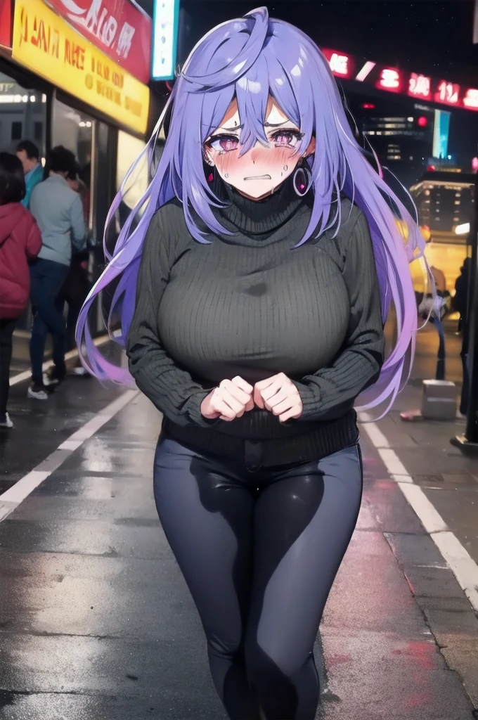 woman, irishrt, power symbol-shaped pupils, very long hair, large breasts, earrings, turtleneck sweater, standing, dark gray pants, peeing self, pee stain, best quality, ultra-detailed, HDR, studio lighting, professional, vivid colors, sharp focus, bokeh, landscape, cityscape, colorful city, neon lights, futuristic, science fiction, soft lighting, dynamic shadows, facing viewer, embarrassed, (humiliation:1.5), (blushing:1.5), (tears:1.25), (sweating:1.5), (angry:1.25)